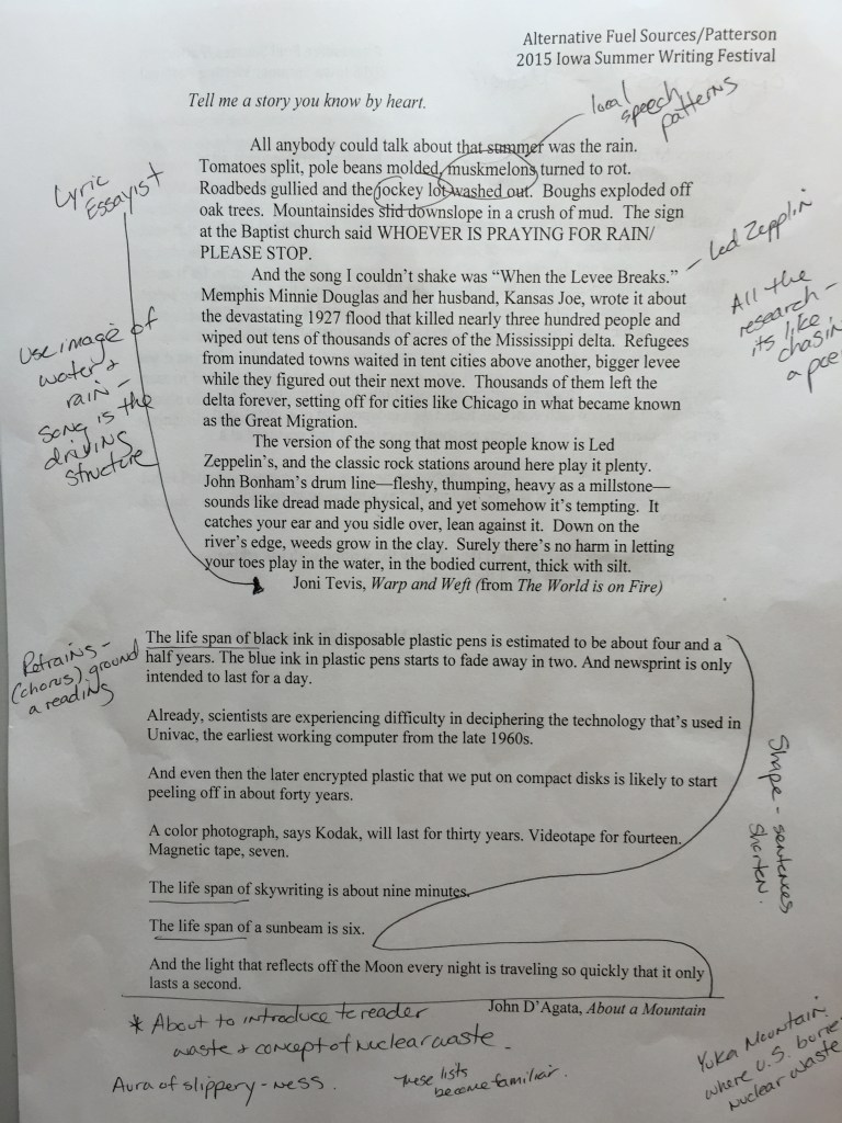 Alternative Fuel Sources / Patterson 2015 Iowa Summer Writing Festival