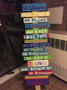 A sign of welcome posted by the door of Melissa's church.